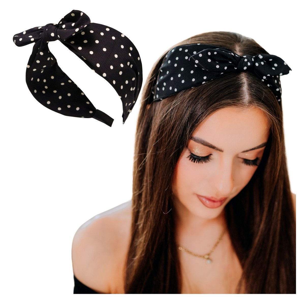 Opaska do Włosów Czarna z Kokardą na Głowę Szeroka w Białe Kropki Wygodna