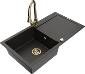 Zlewozmywaki z baterią - Mexen Leo zlewozmywak granitowy 1-komorowy z ociekaczem i baterią kuchenną Elia, czarny/złoty metalik - 6501-75-670101-50 - miniaturka - grafika 1