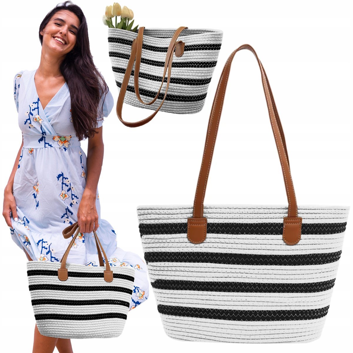 TORBA PLAŻOWA BOHO SŁOMIANA MIEJSKA SHOPPERKA NA PLAŻĘ NA ZAKUPY DUŻA