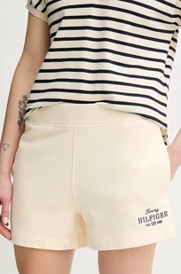Tommy Hilfiger szorty bawełniane damskie kolor beżowy z aplikacją high waist WW0WW45518 - Spodnie sportowe damskie - miniaturka - grafika 1