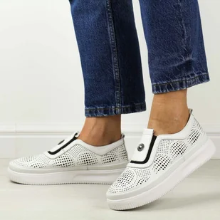 Białe ażurowe skórzane półbuty damskie Sergio Leone sp019 - Półbuty damskie - miniaturka - grafika 1