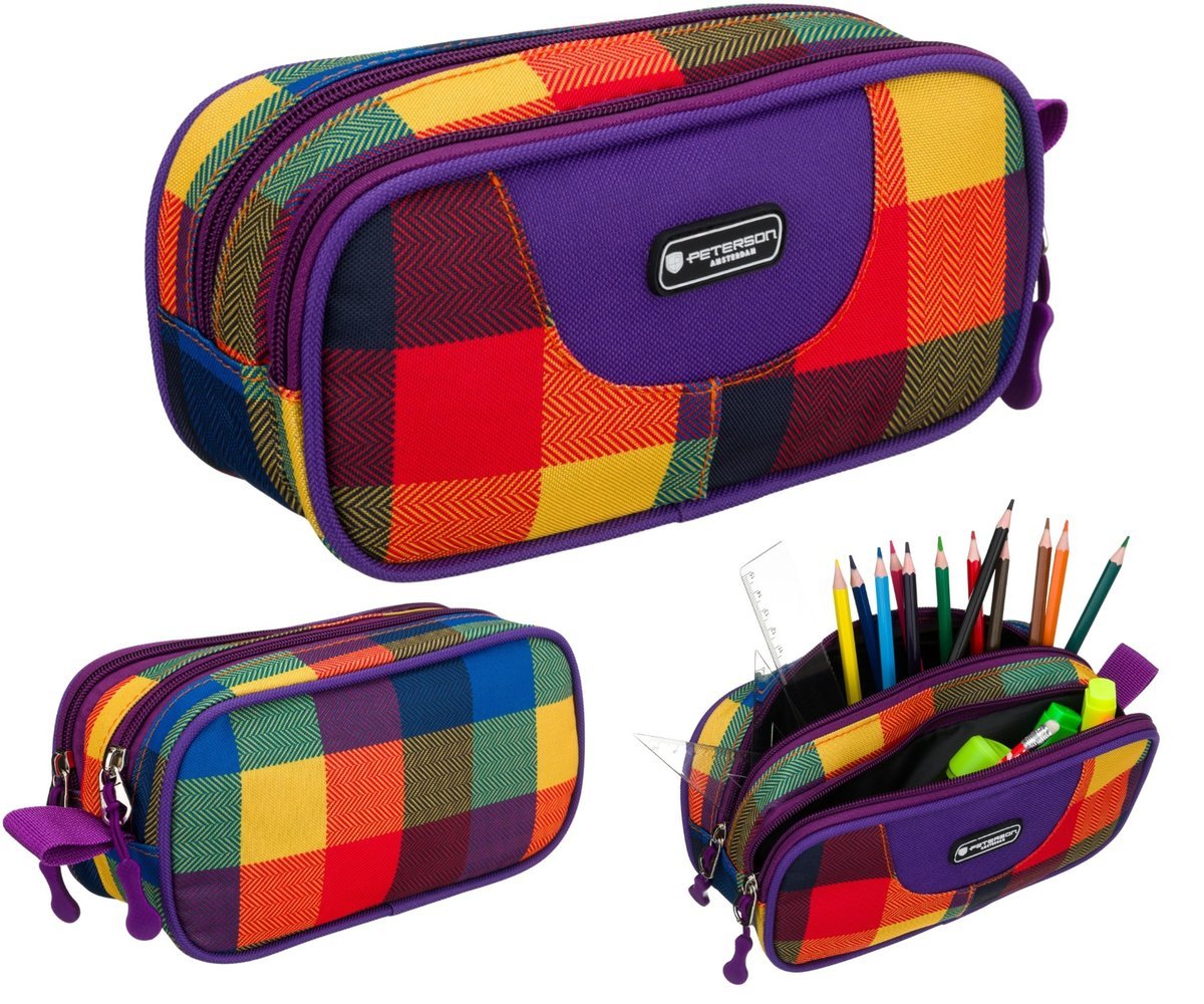 Piórnik szkolny dwukomorowy pojemny saszetka 2 komory do szkoły w kratkę Peterson wielokolorowy