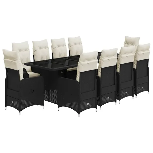 Czarny zestaw bistro z rattanem PE, 240 x 90 x 75 cm, poduszki kremowe