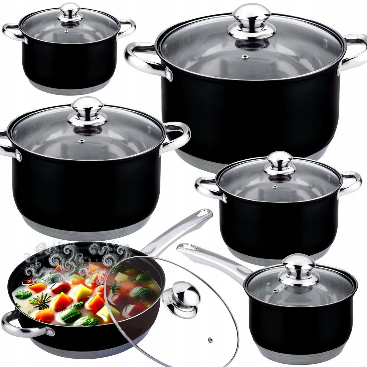 2 x KOMPLET GARNKÓW PATELNIA ZESTAW GARNKI INDUKCJA GAZ 12 EL. STAL NIERDZE