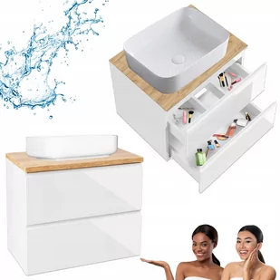 Szafka Wisząca Mod Biała z Blatem Dąb Złoty 60 Połysk + Umywalka Nablatowa - Szafki łazienkowe - miniaturka - grafika 1