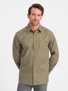 Bawełniana męska koszula z kieszenią REGULAR FIT - oliwkowa V2 OM-SHCS-0147 - Ombre Clothing - Koszule męskie - miniaturka - grafika 1