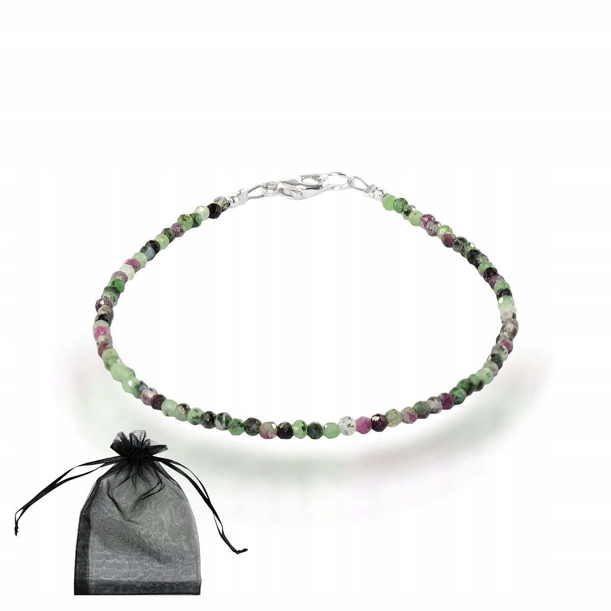 Bransoletka naturalny kamień ZOISYT z RUBINEM fasetowany 2mm srebro 17cm, bez marki, AG00000034