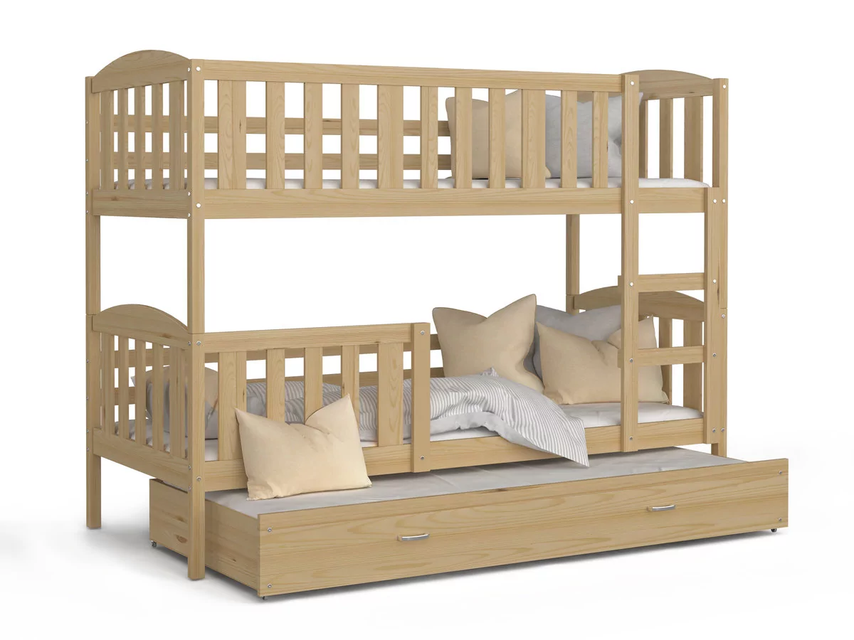 Łóżko piętrowe 200x90 drewniane sosna KUBUŚ 3-osobowe