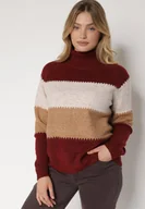 Swetry damskie - Bordowy Golf Oversize w Szerokie Pasy z Domieszką Kaszmiru Nellemia - miniaturka - grafika 1