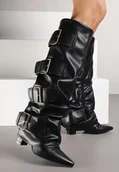 Kozaki damskie - Czarne Kozaki na Słupku z Wywiniętą Cholewką i Klamrami Arullia - Renee - miniaturka - grafika 1