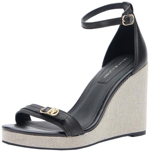 Tommy Hilfiger Damskie sandały na koturnie Espadryle FW0FW08622, czarne, 7,5 UK, Czarny, 42 EU