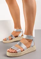 Sandały damskie - Srebrne Sandały na Platformie z Plecionki z Cholewką z Szerokimi Paskami Pleodda - miniaturka - grafika 1