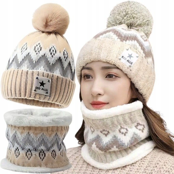 Czapka Damska Komin Komplet Dwuwarstwowy Zimowa Ciepła Pompon 52-58 Beżowy