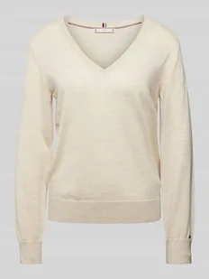 Sweter z dzianiny z wełny z dekoltem w serek - Swetry damskie - miniaturka - grafika 1