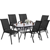 Meble ogrodowe - Zestaw mebli ogrodowych dla 6 osób, stół ze szkłem hartowanym 6 krzeseł, metalowe, czarne - miniaturka - grafika 1