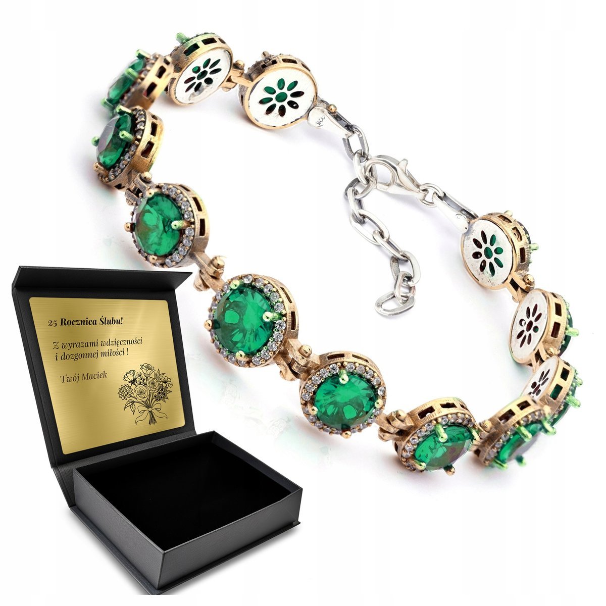 Bransoletka Srebrna 925 Cyrkonie Szmaragd Biżuteria Dla Kobiety Z Grawerem