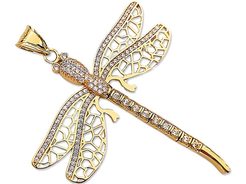 Złota przywieszka 585 ażurowa ważka duży owad z białymi cyrkoniami na prezent