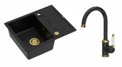 Zlewozmywaki z baterią - Quadron Unique Zlewozmywak granitowy jednokomorowy 62*50*22 cm z ociekaczem MORGAN 116 PURE CARBON z syfonem Push-2-Open w kolorze złotym z baterią RACHEL PURE CARBON kolor czarny mat/wykończenie złote - miniaturka - grafika 1