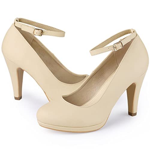 Allegra K Damskie czółenka z okrągłym noskiem na obcasie szpilkowym z paskiem na kostkę, BEŻOWY, 36.5 EU