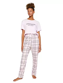 Koszulki i topy damskie - Koton Damska piżama Check Top Short Sleeve Slogan Printed Pajama Set, Fioletowy wzór (02i), S - grafika 1
