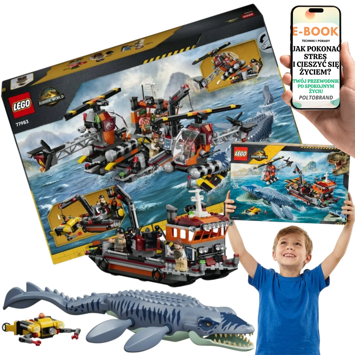 LEGO Jurassic World Odrodzenie Mozazaur i Katamaran 77983 Zestaw z Dronem i Harpunem Zabawka Dla Chłopca
