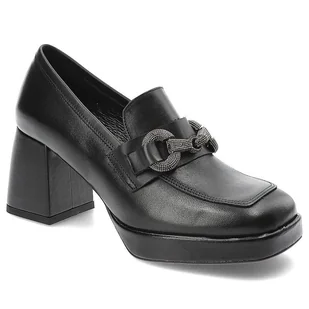Czarne Półbuty Karino Eleganckie Skórzane Buty Na Obcasie - Półbuty damskie - miniaturka - grafika 1