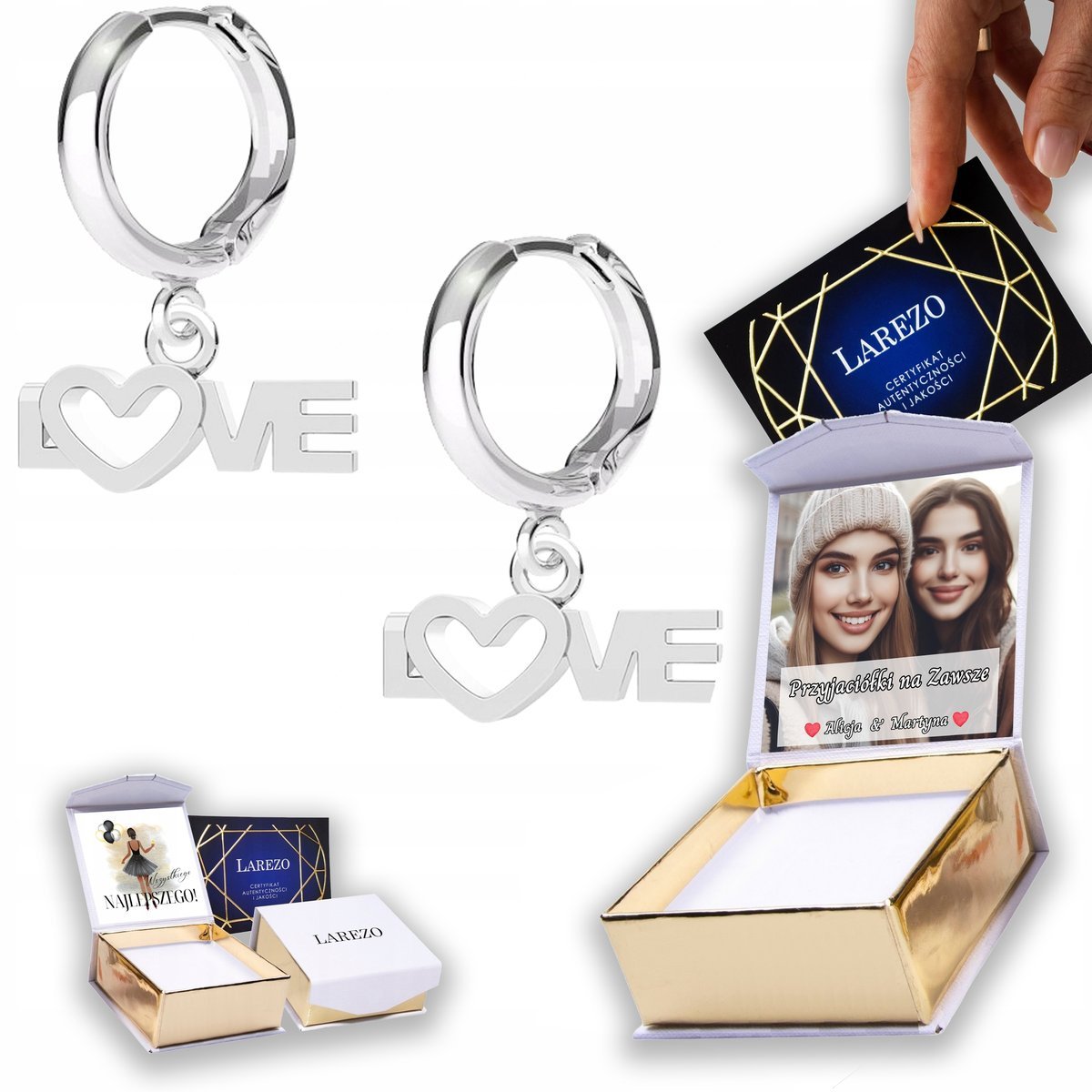 Kolczyki Srebrne 925 Serce Napis Love Kocham Cię Blaszka z Napisem NADRUK