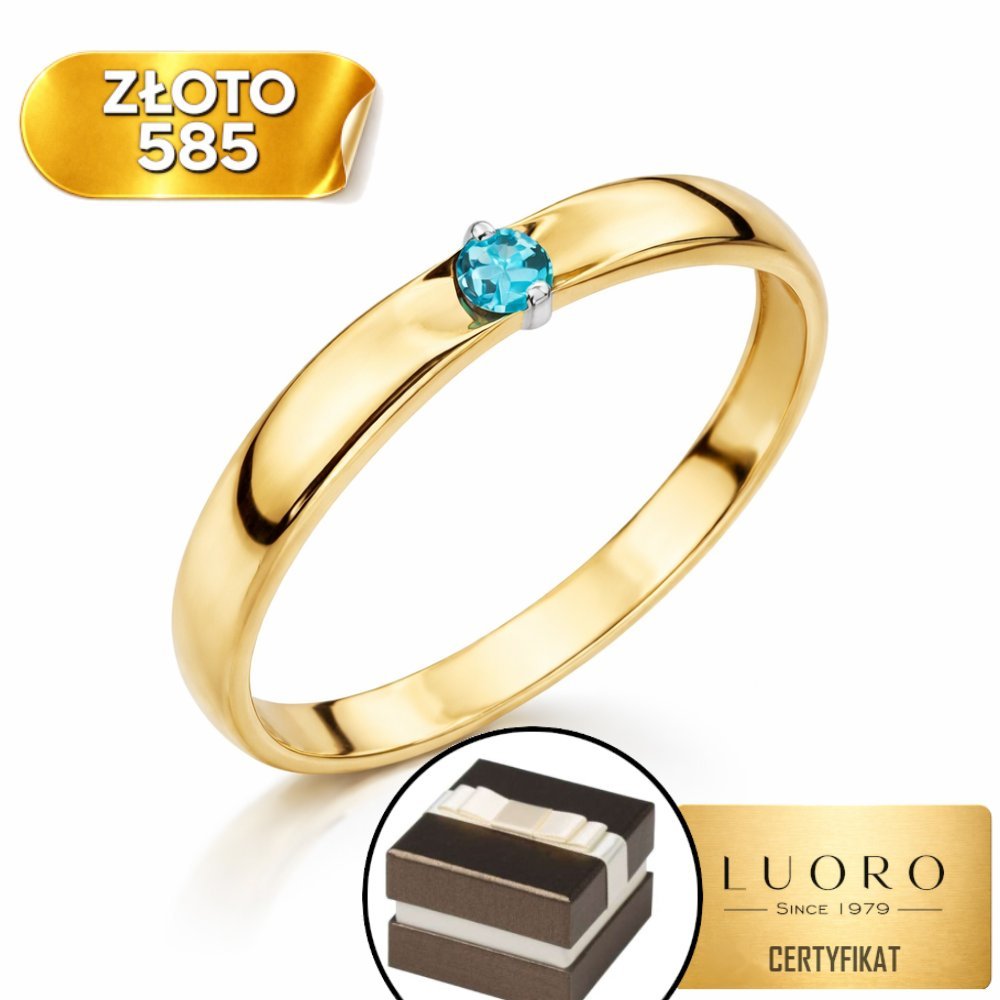 PIERŚCIONEK ZŁOTY 585 14K KLASYCZNY Z CYRKONIĄ KOLOR AQUA R12