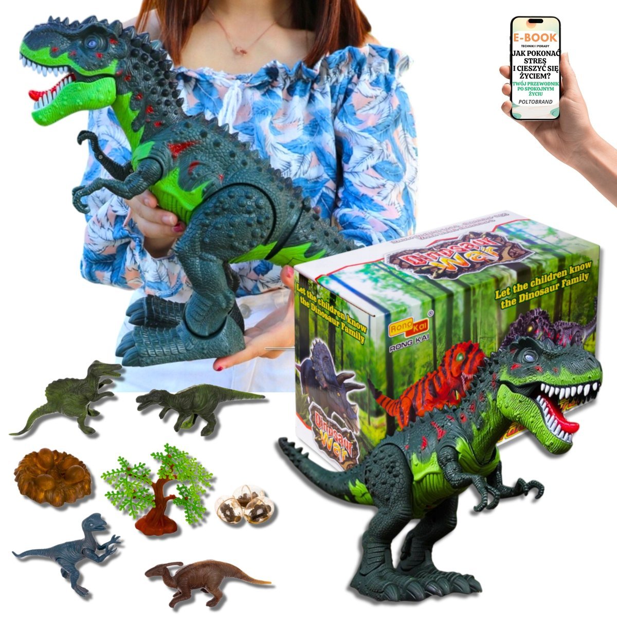 INTERAKTYWNY DINOZAUR T-REX + MAŁE DINOZAURY + JAJA CHODZI RYCZY ZIEJE OGNIEM LED PREZENT DLA WNUCZKA CHŁOPCA Czterolatka Pięciolatka + EBOOK-1