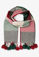 Apaszki i szaliki damskie - Ciemnozielony Szalik w Szeroką Kratę z Pomponami Voso - miniaturka - grafika 1