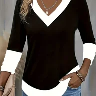 Bluzki damskie - TEMU Elegancka Tunika Damska z Długim Rękawem w Bloki Kolorów – Bluzka w Jednolitym Kolorze z Kontrastowym Kołnierzem/Mankietami – Pranie w Praniu - miniaturka - grafika 1