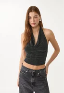 Koszulki i topy damskie - Stradivarius Błyszczący top halter Czarny S - miniaturka - grafika 1