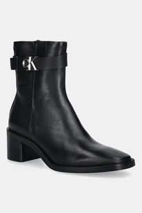 Calvin Klein botki skórzane BLOCK HEEL BOOT W/ METAL LOGO damskie kolor czarny na słupku HW0HW02591 - Botki damskie - miniaturka - grafika 1