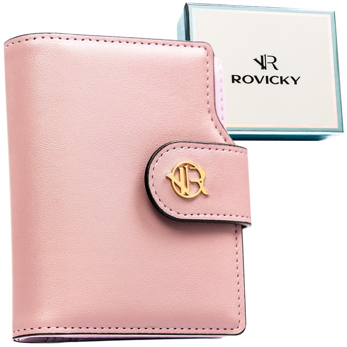 Portfel damski na karty ROVICKY elegancki pionowy mały rozbudowany ochrona RFID modny na prezent fioletowy