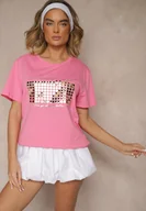 Koszulki i topy damskie - Różowy T-shirt z Bawełny z Naszytymi Cekinami Avenelli - miniaturka - grafika 1