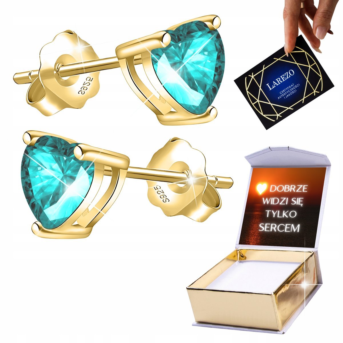 Złote Kolczyki 925 Wkrętki 24K z Sercami Kryształki Serca Serduszka NADRUK