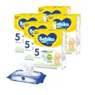 Mleko modyfikowane - Bebiko Junior 5 Odżywcza formuła na bazie mleka dla przedszkolaka + Nivea Chusteczki nawilżane dla dzieci i niemowląt Baby Fresh & Pure Zestaw 5 x 600 g + 63 szt. - miniaturka - grafika 1