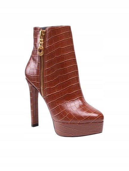 GUESS BOTKI DAMSKIE BRĄZOWE LAKIEROWANE W SZPIC Z ZAMKIEM MIEJSKIE 38 GPA