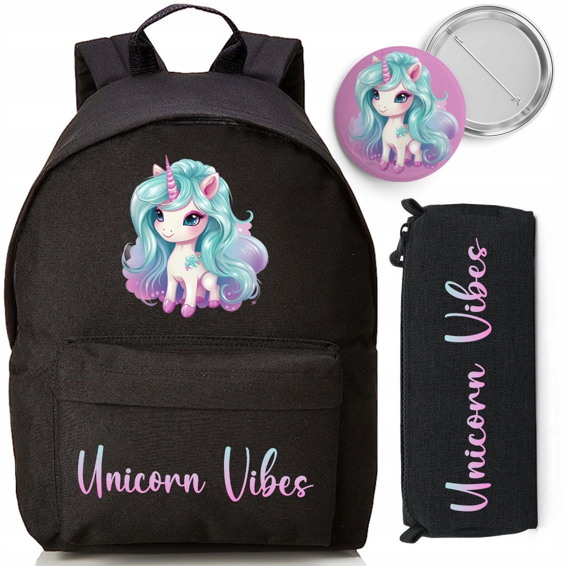 Zestaw Szkolny Plecak Piórnik Pin Unicorn Vibes Do Szkoły Stylowy Modny