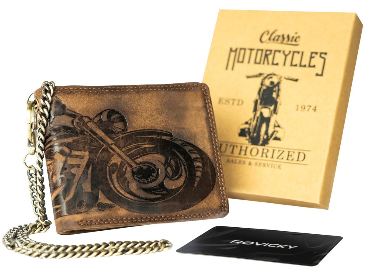 Portfel męski średni skórzany z łańcuszkiem brązowy motocyklowy klasyczny poziomy bez zapięcia rozbudowany na karty ochrona RFID
