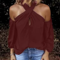 Bluzki damskie - Bluzka damska cold shoulder - Bordowy - miniaturka - grafika 1