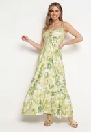 Sukienki - Zielona Sukienka z Wiskozy i Bawełny Rozkloszowana w Kwiatowy Print z Ozdobnym Wiązaniem Wiama - miniaturka - grafika 1