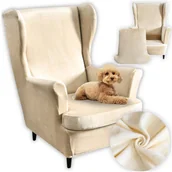 Pokrowce na meble - Pokrowiec na fotel uszak elastyczny welur beżowy velvet łatwe czyszczenie - miniaturka - grafika 1