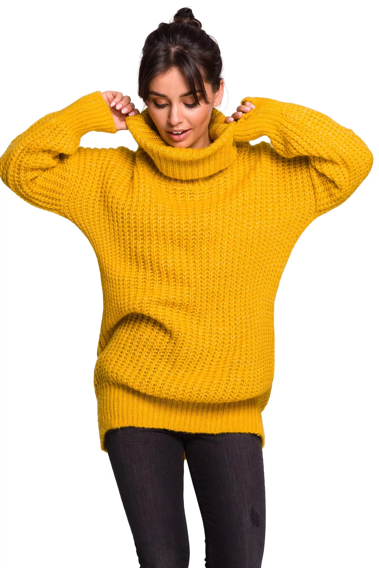 BK030 Długi sweter z golfem - miodowy (kolor żółty, rozmiar S/M) - Ceny i  opinie na Skapiec.pl
