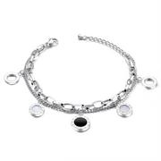 Bransoletki - Podwójna stalowa bransoletka na rękę - czarne i z masy perłowej kręgi, kółka - Biżuteria e-shop - miniaturka - grafika 1