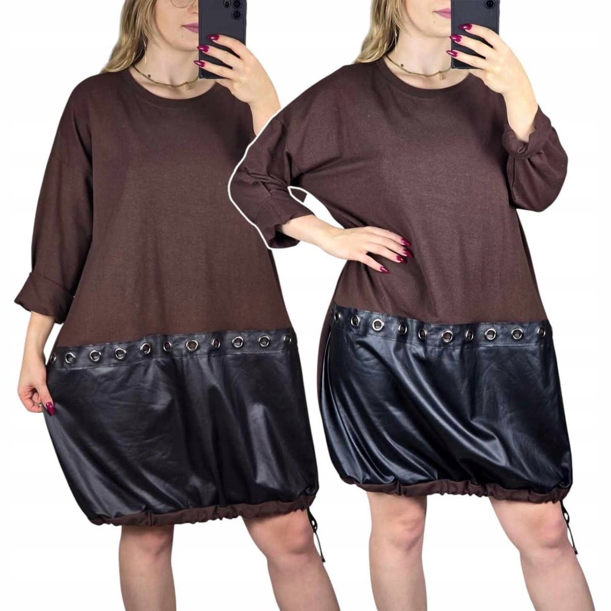 STYLOWA SUKIENKA DRESOWA BOMBKA SKÓRA długi rękaw BAWEŁNA 46 48 3XL 4XL