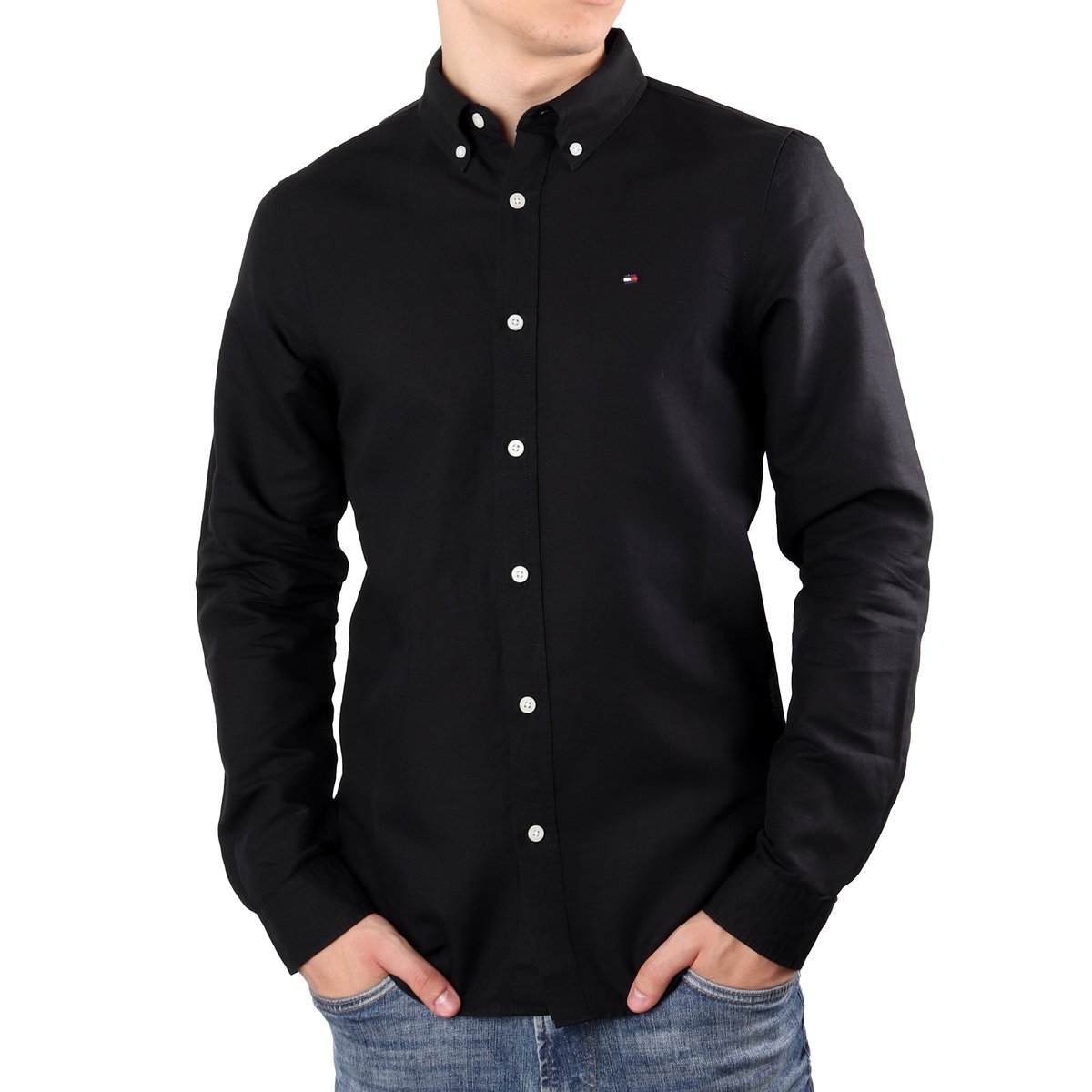 Koszula męska TOMMY HILFIGER TH SLIM LINEN COTTON SHIRT BLACK MW0MW17646 078 S