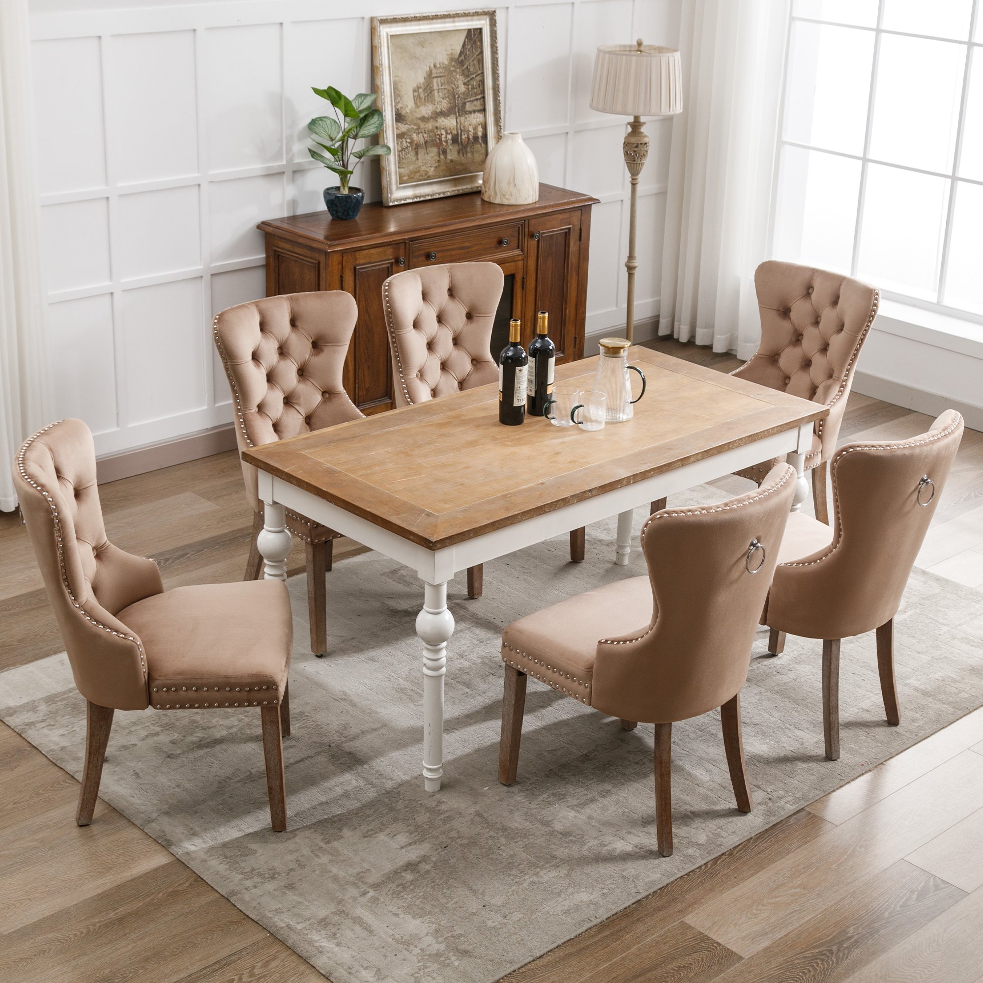 Zestaw 6 krzeseł do jadalni Flieks, krzesło kuchenne z nogami z litego drewna i pierścieniem ściągającym, tapicerowane krzesło do jadalni z aksamitnym pokryciem, brązowe