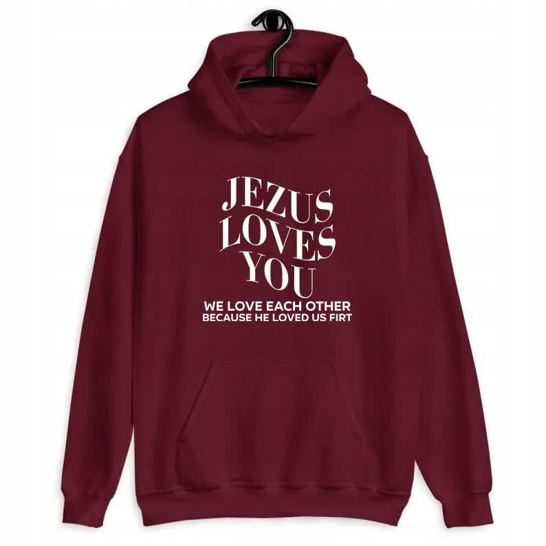BORDOWA BLUZA DAMSKA Z Kapturem JEZUS LOVES YOU Zabawne Wzory Rozmiar M