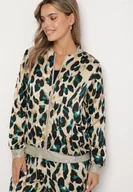 Kurtki damskie - Beżowo-Zielona Kurtka Bomberka w Panterkę ze Ściągaczami Irira - miniaturka - grafika 1